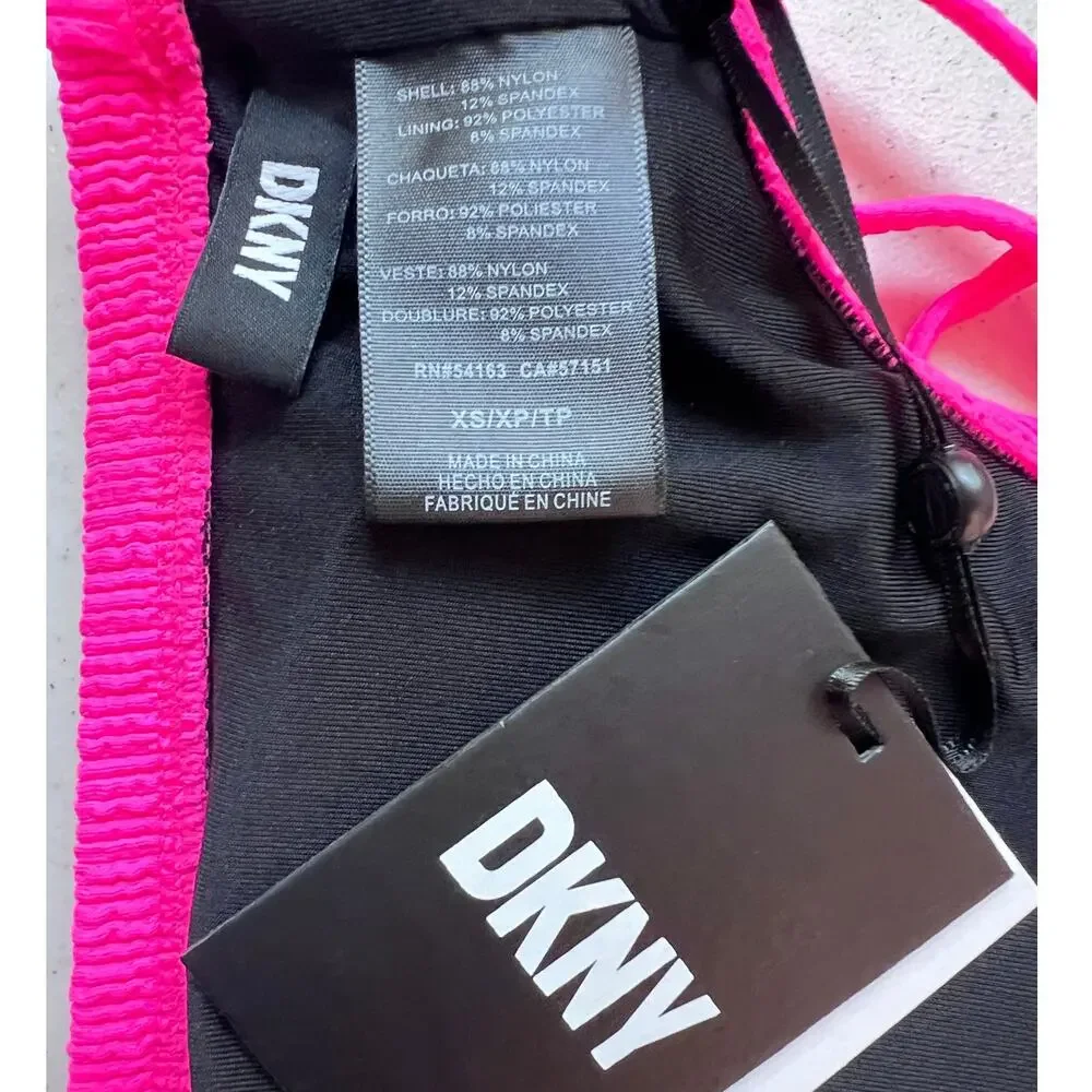 DKNY WOMENS SZ XS TEXTURED BRALETTE BIKINI TOP NEON PINK MICRO SCRUNCH NEW! - Picture 6 of 8